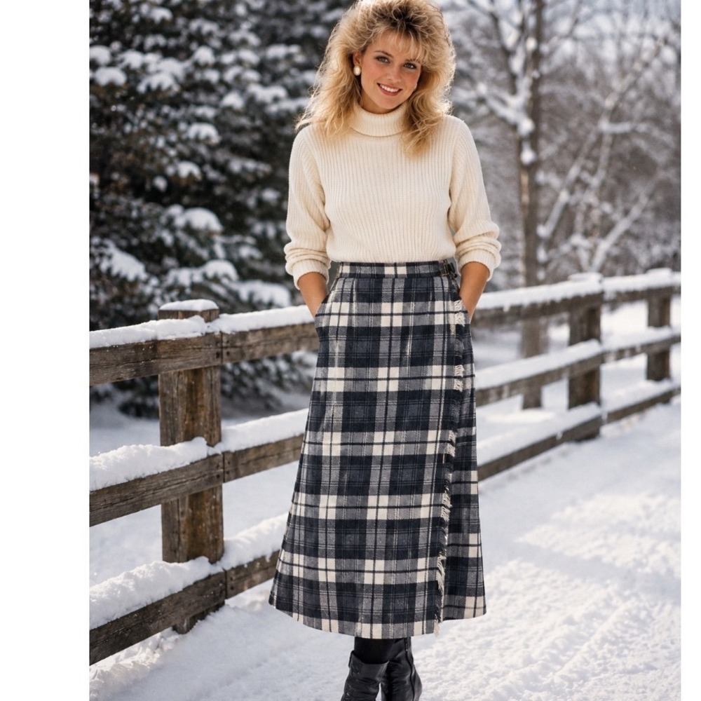 Vtg 80's Kenmore Plaid Wool Kilt maxi Skirt Pleated Wrap Fringe Detail Sz 8